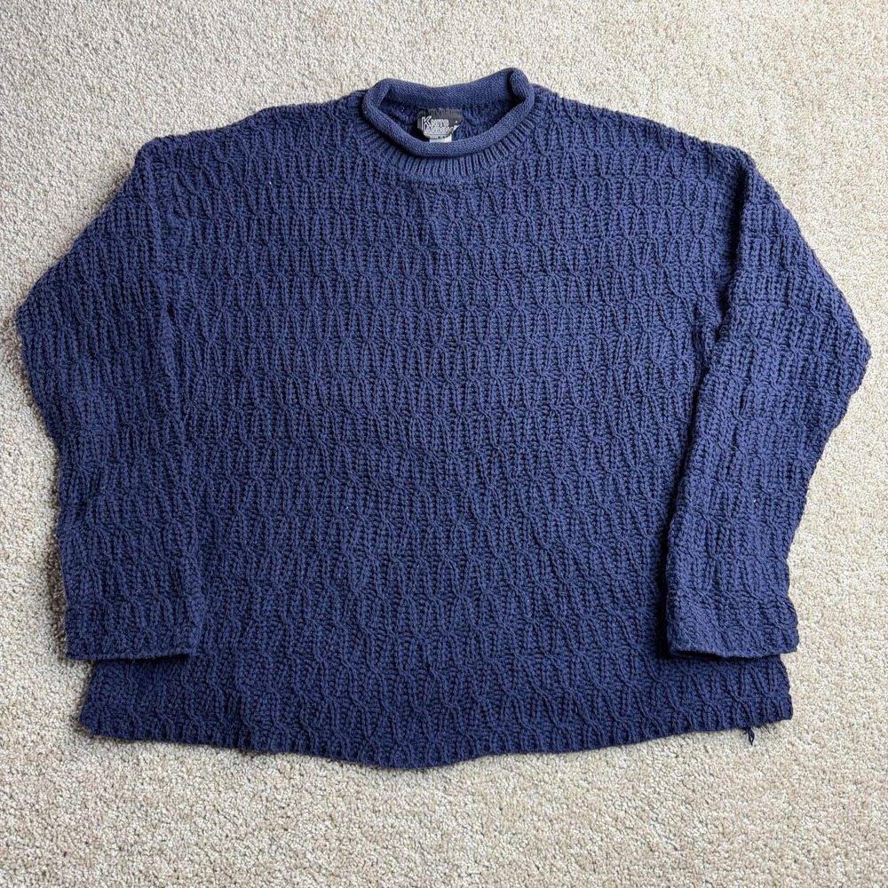 Vintage Knits Landing Sweater Mens Large Blue Waffle-Knit Crewneck Heavyweight